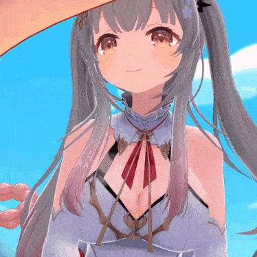 a close up of a anime girl with long hair and a very large breast