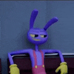 a purple rabbit with yellow gloves is sitting in a chair .