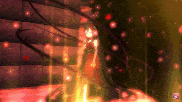 a woman in a red dress is surrounded by glowing lights
