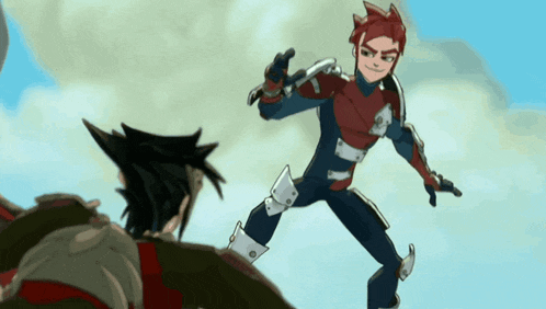 a cartoon character in a red and blue suit is standing next to another character