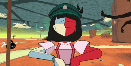 a cartoon character with a green hat and a red and white shirt