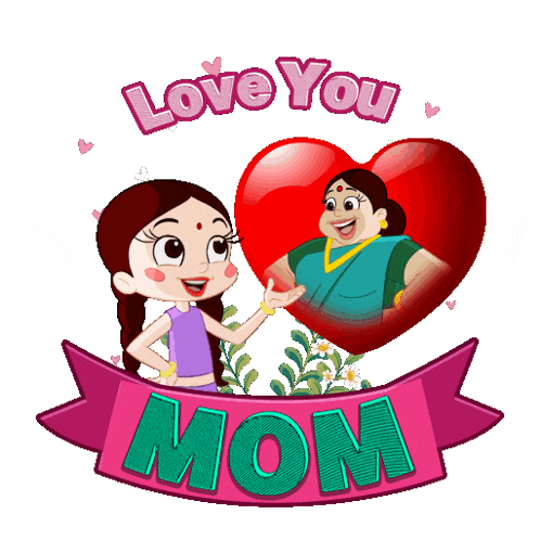 a cartoon girl stands next to a heart with the words love you mom