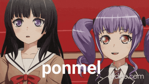 two anime girls are standing next to each other and the word ponmel is on the screen