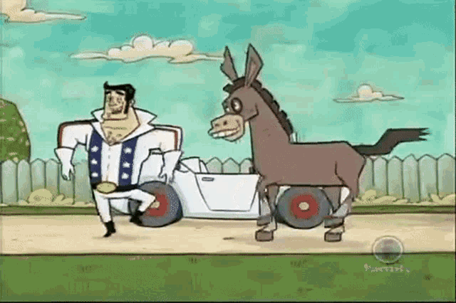 a cartoon man is standing next to a donkey pulling a small car .