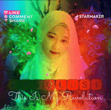 a girl in a hijab is on a colorful background with the words this is my revolution