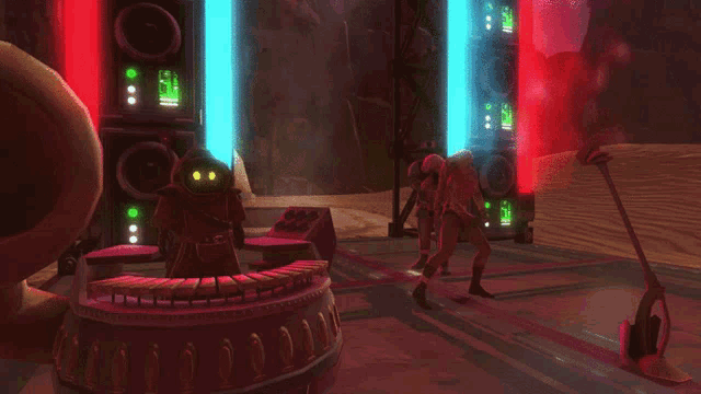 a video game scene with green and purple lights coming out of speakers