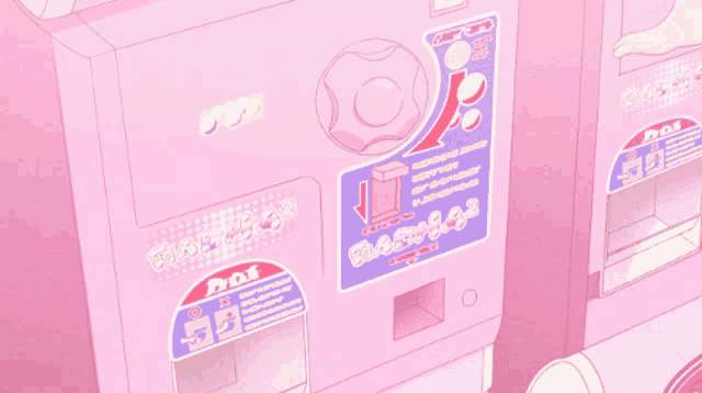 a pink machine has a sticker on it that says " gachapon "