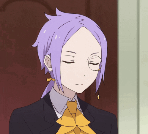 a girl with purple hair and glasses is wearing a black suit and yellow tie