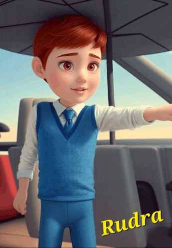 a cartoon character with the name rudra on the bottom right