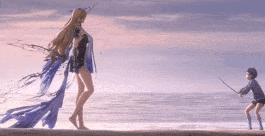 a woman in a long blue dress is standing on a beach next to a boy holding a sword .