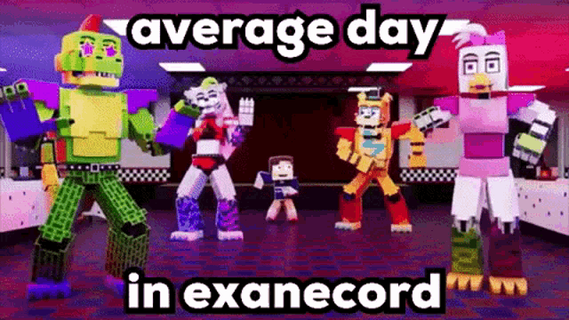 a group of robots are dancing in a room with the words `` average day in examcord '' written on it .
