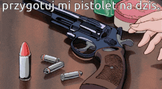 a cartoon drawing of a woman holding a gun with the words przygotuj mi pistolet na dzis above it