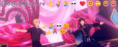 a cartoon of two men dancing with the words goodnight whore written above them