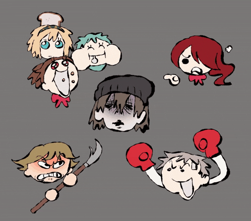 a group of cartoon characters including one with boxing gloves