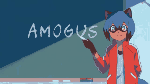 amongus is written on a blackboard with a cartoon character pointing at it