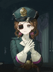a girl in a police uniform has an eye patch