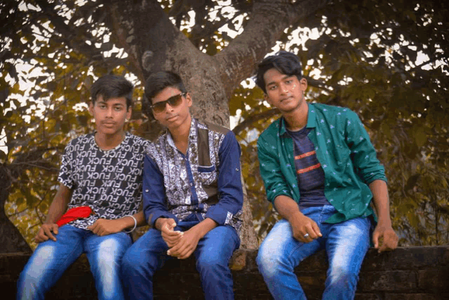 three young men sitting under a tree with one wearing a shirt that says fuck on it