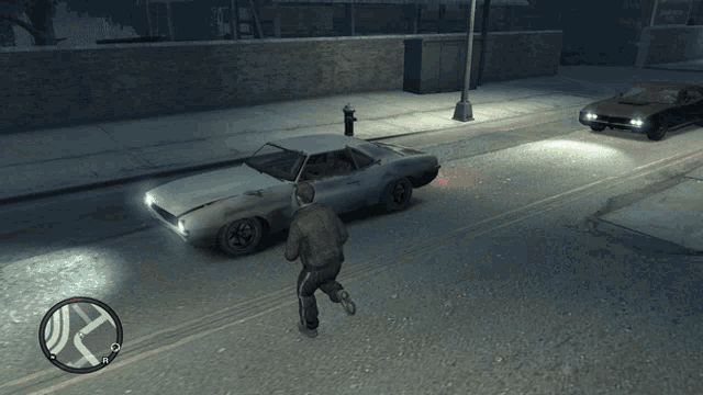 a man in a video game is walking towards a car