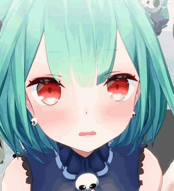 a girl with green hair and red eyes is wearing a skull necklace