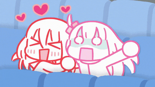 a cartoon drawing of two girls laying on a blue couch
