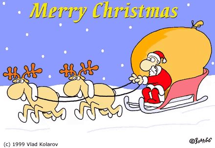 a cartoon of santa in a sleigh with reindeer pulling it and the words merry christmas below it