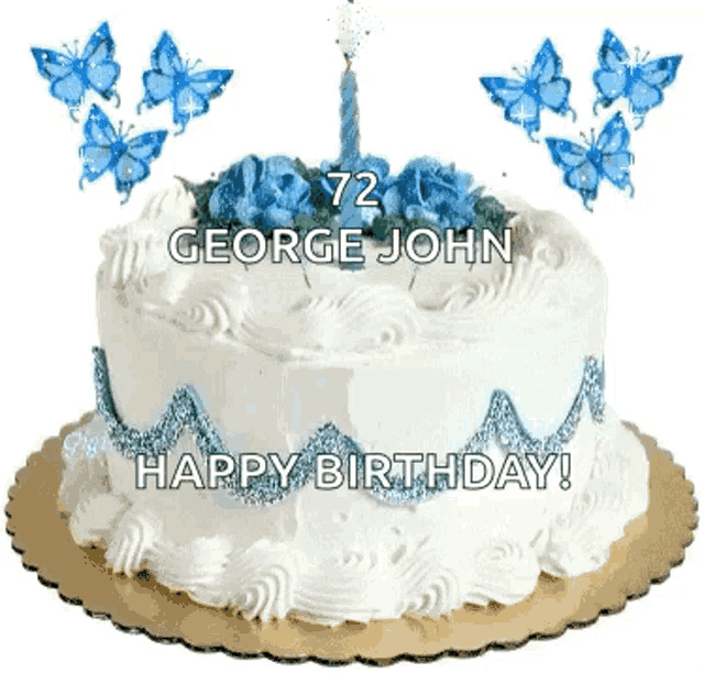 a birthday cake for george john with blue butterflies around it