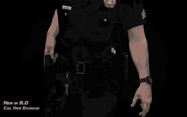 a picture of a police officer with the words new in 8.0 coil x69 stungun on the bottom