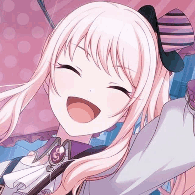 a close up of a pink haired anime girl holding an umbrella and smiling .