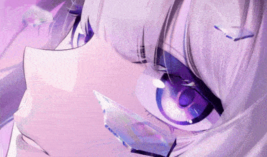 a close up of a girl 's eye with a purple iris