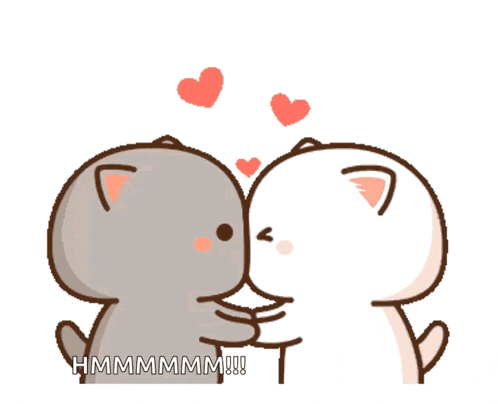 two cartoon cats are kissing each other with hearts flying in the air