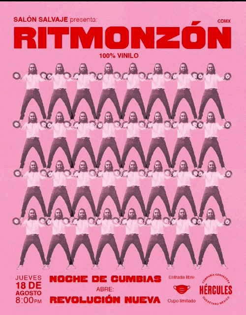 a poster for ritmonzon shows a pattern of people holding records
