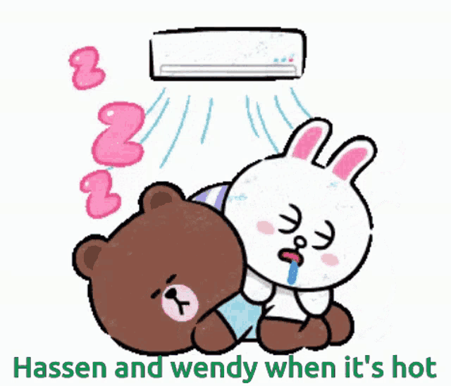 a bear and a rabbit are laying under an air conditioner with the words hassen and wendy when it 's hot