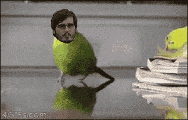 a green bird with a man 's face on it