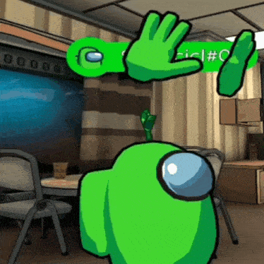 a green among us character is giving a high five in a room