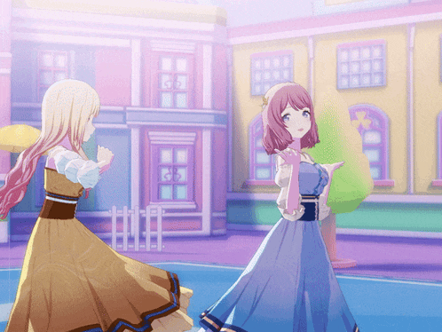 a girl in a blue dress stands next to a girl in a yellow dress