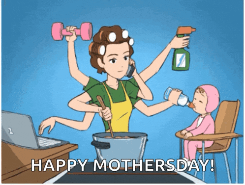 a cartoon of a woman cooking and talking on a cell phone with the words happy mothersday below her