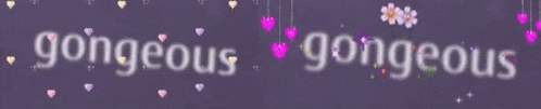 the word gorgeous is on a purple background with pink hearts