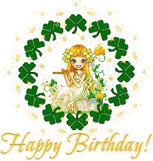 a happy birthday greeting card with a girl surrounded by clovers and flowers