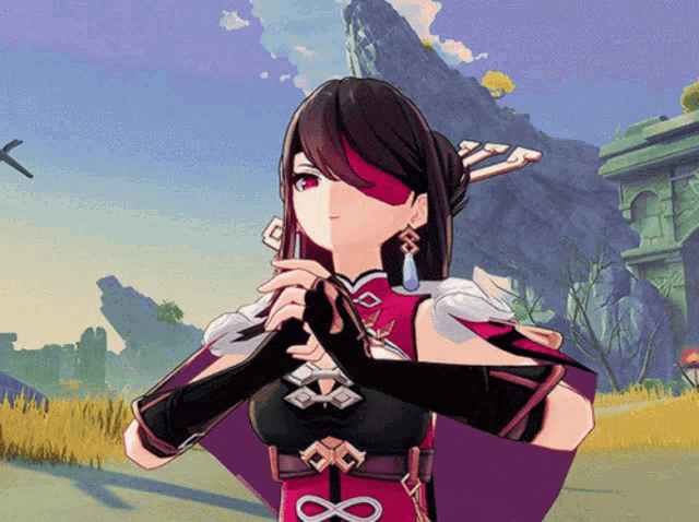 a girl in a red and purple outfit with a infinity symbol on her chest