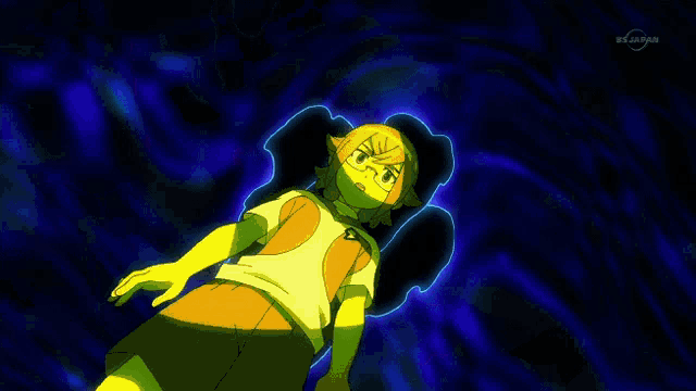 a green and yellow anime character with a glowing hand in the background