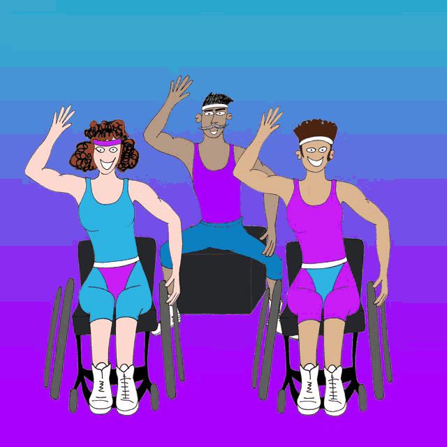 a group of people in wheelchairs are waving their hands