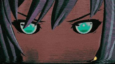 a close up of a girl 's eyes with a purple hair