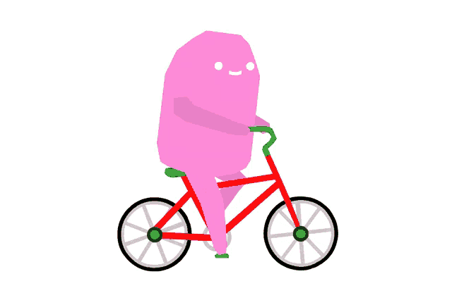 a pink character is riding a red bicycle
