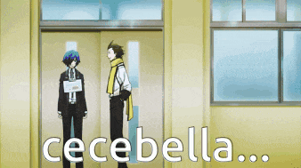 two anime characters are standing in front of a door with the words cecebella written on the bottom