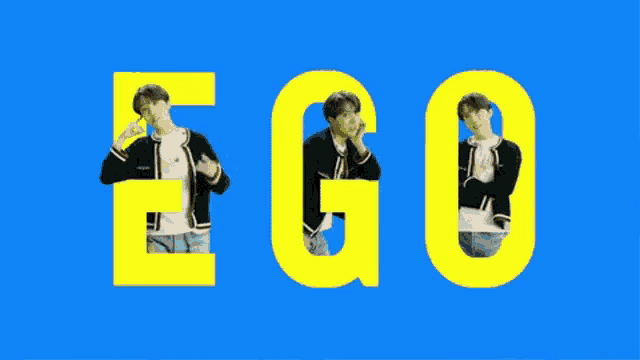 a man in a black jacket is standing in front of the word ego