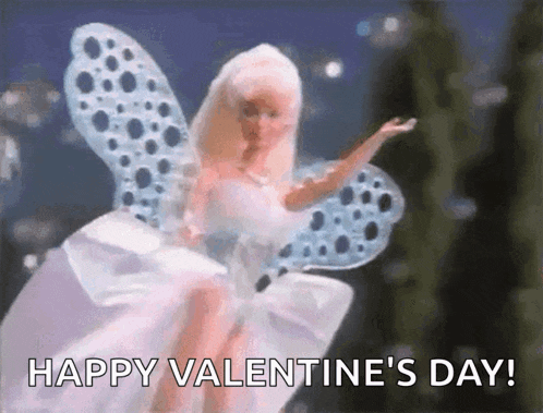 a barbie doll with butterfly wings is flying in the air and says happy valentine 's day .