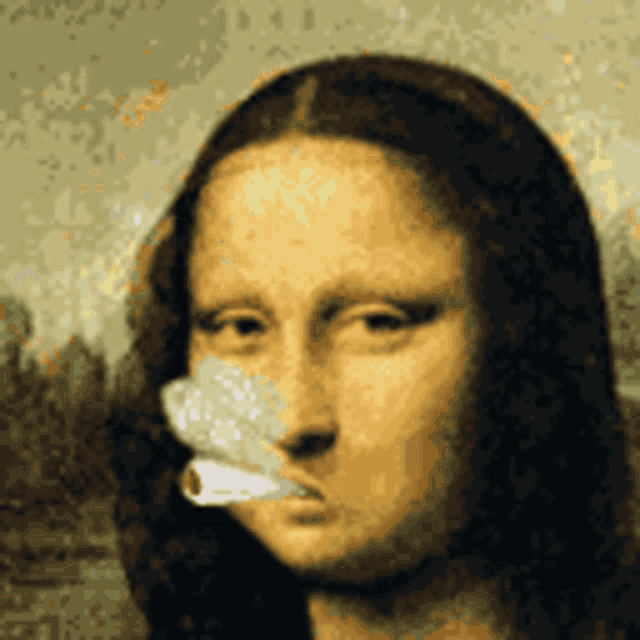 a painting of mona lisa smoking a cigarette with a butterfly on her nose