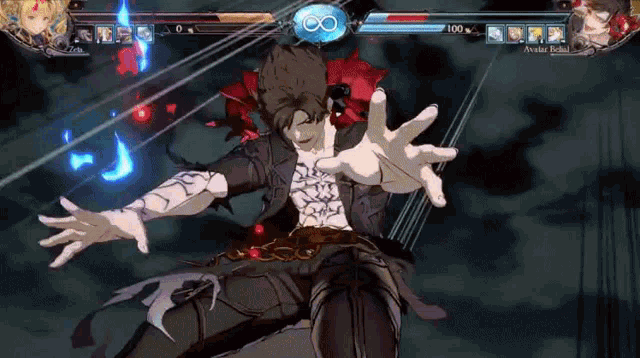 a man in a video game with his arms outstretched is fighting another man .