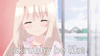 a picture of a girl with the words " skrubby be like " on it
