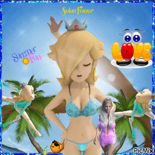 a cartoon of a woman in a bikini with the words summer fun written on the bottom